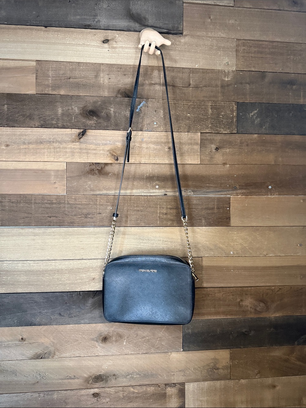 Michael Kors Black Leather Crossbody with Gold Chain